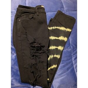 KDNK Mens Black Distressed Ripped Jeans Tie Dye Accents - Size 34